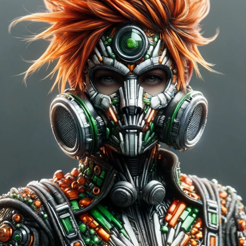 whole body, Wide Shot, Unreal Engine: 1.4, CG 32K Super Realistic, Realistic: 1.4, Skin Texture: 1.4, masterpiece: 1.4, portrait Unreal Engine: 1.4, CG K Ultra Realistic: 1.6, Realistic: 1.6, Skin Texture: 1.6, masterpiece: 1.4, Close-up photo :1.4,, whole body, Wearing a gas mask in the military, 生物学的Warrior, evolution, toxin, Biological weapons, Warrior, green:1.5, orange:1.1, white:1.3, yellow:1.3, (Scary Hair Rapper), Tattoo, (Powerpuff Clothing:1.2),Abstract lines and circles background.