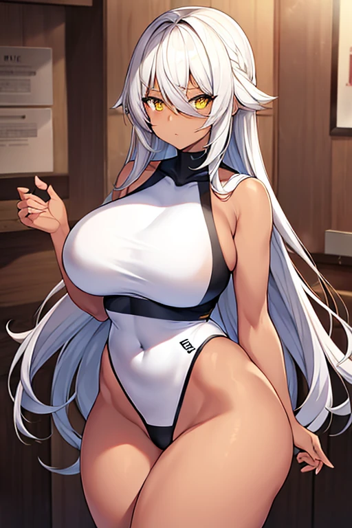 1girl, dark skin, dark-skinned female, white hair, long hair, yellow eyes, large breasts, wide hips, thick thighs, sportswear, shy, sports bra, hourglass figure, mature female, highleg, ((highleg)), bare legs, yellow trim, hair over eyes, long bangs, ((hair over eyes)), ((long bangs)), gold trim, timid, text, number, numbers,