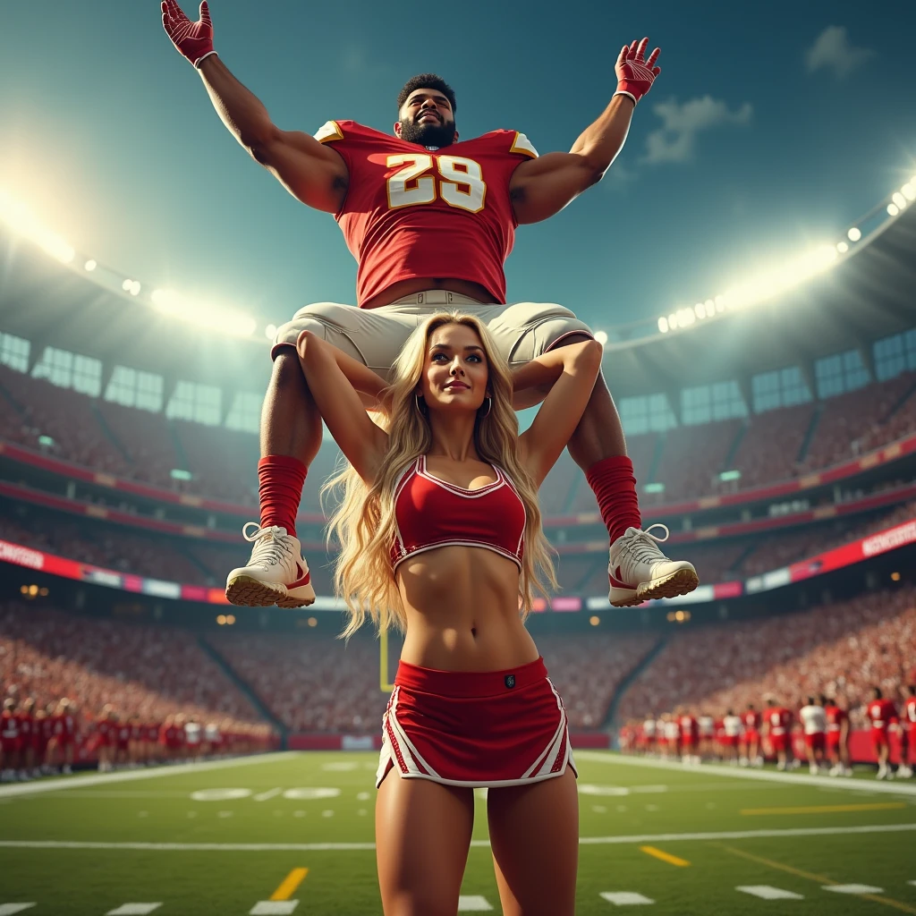 Blonde, Beautiful, and strong cheerleader lifting a large male football player in her strong arms. Photorealistic. View from a distance.