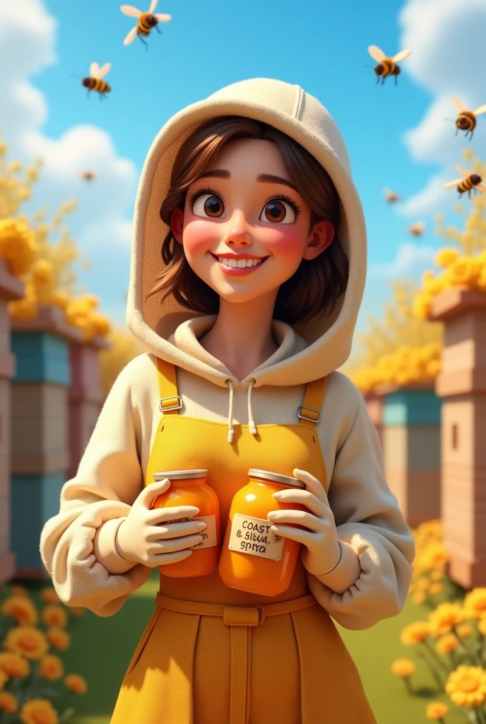 Create a 3d Disney Pixar style character for me , of a woman collecting honey from bees ,in apiary clothing with honey favor in hand written coast & Silva with medium brown hair and brown eyes