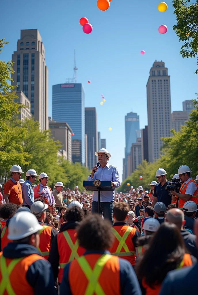 a drawing with a mayoral candidate with a microphone answering an interview with reporters and a group of workers in the audience
