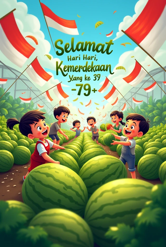 Make a sketch of the celebration of Indonesia&#39;s 79th Independence Day with the theme of picking melons in a greenhouse., together with the community with cartoon characters, There are various types of Indonesian flags, writing "Happy 79th Indonesian Independence Day" in Indonesian language. 