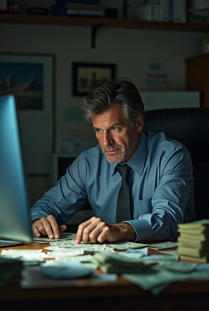 I want an image of a businessman, who has a lot of money but clearly looks tired, with dark circles, in a work environment thinking about creating new ads to get even more money, He is completely unhappy. I want it to be as realistic as possible. I need the image to have a stronger element! I need a lot of money to appear, I need it to be easy to see that the businessman is very unhappy, Grieving, depressive