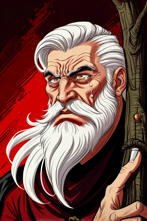 retro drawing, caricature, painting, of an old bearded captain, white hair, furious dressed in red, cutting with a dagger the neck of a poor black-haired man, thin and crying, scared, tied to a tree