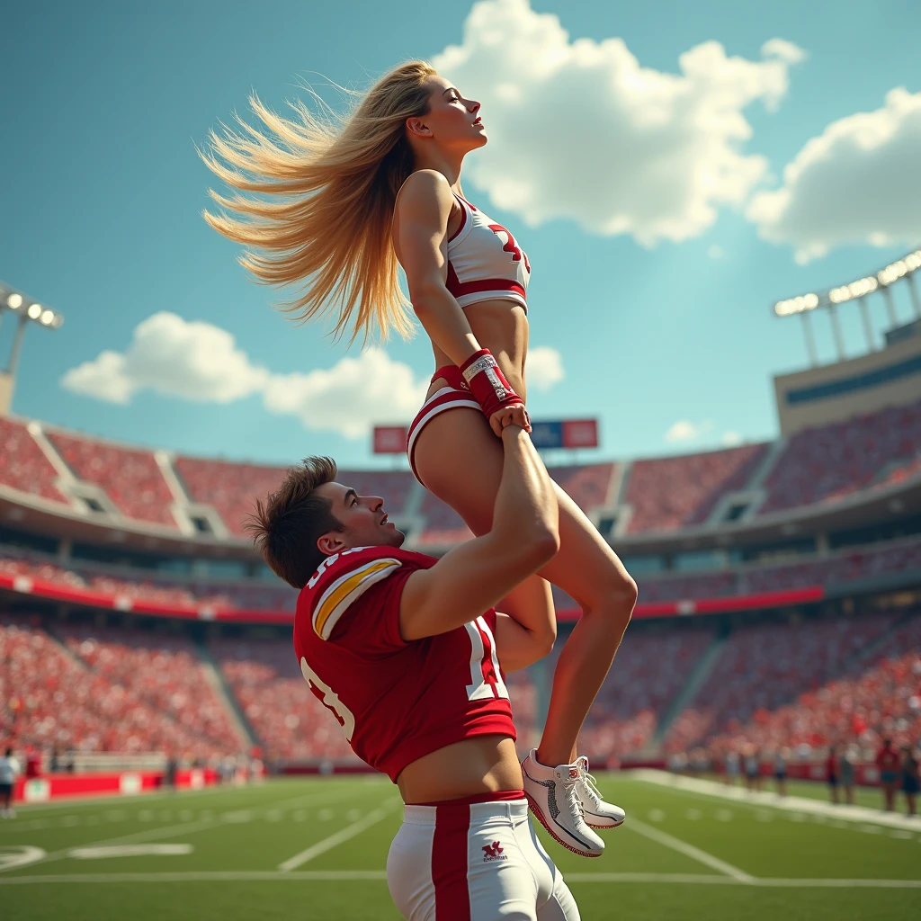 Blonde, Beautiful, and strong cheerleader lifting a large male football player high above her head with her strong arms. Photorealistic. View from a distance. Wide angle.