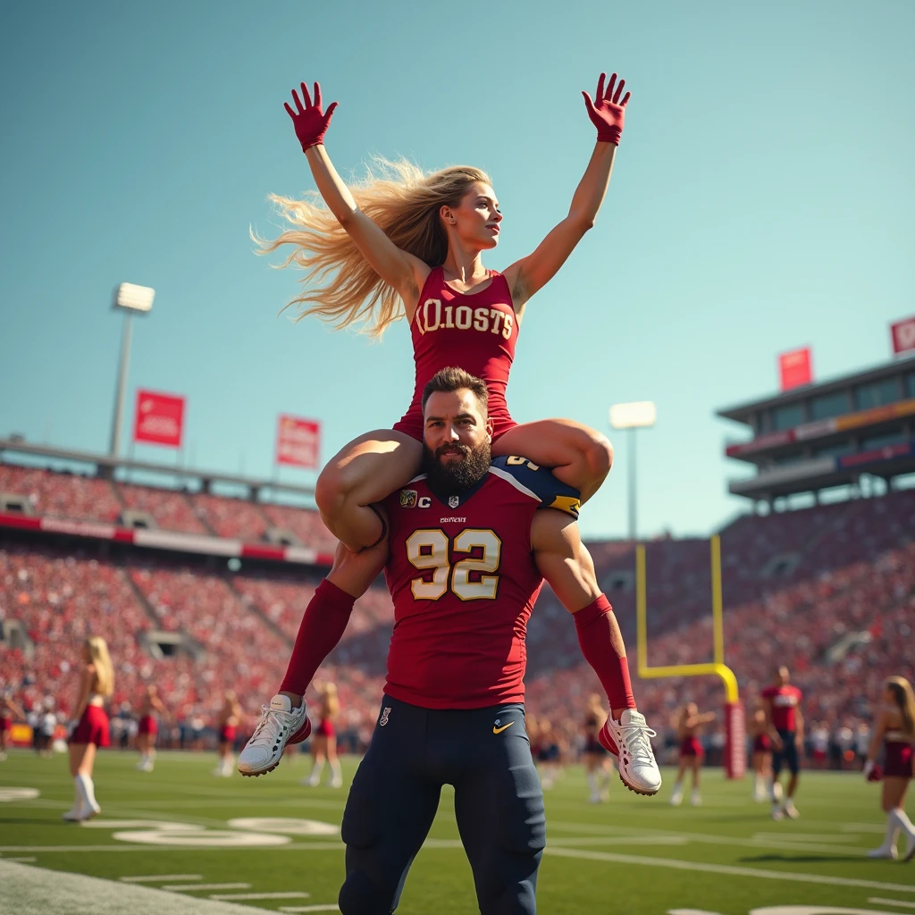 Blonde, Beautiful, and strong cheerleader lifting a large male football player high above her head with her strong arms. Photorealistic. View from a distance. Wide angle.