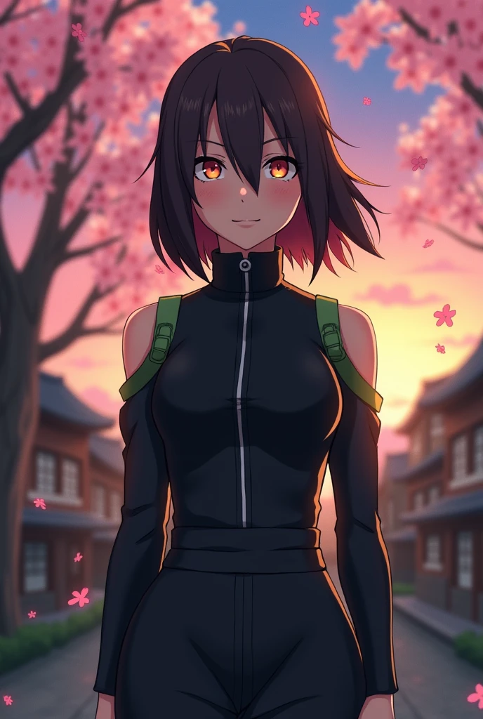 A character from Naruto: the last do clã Hyuuga com olhos de Byakugan, brown curly hair that hits the shoulder. Her black clothes with small green details and a small smile on her face.