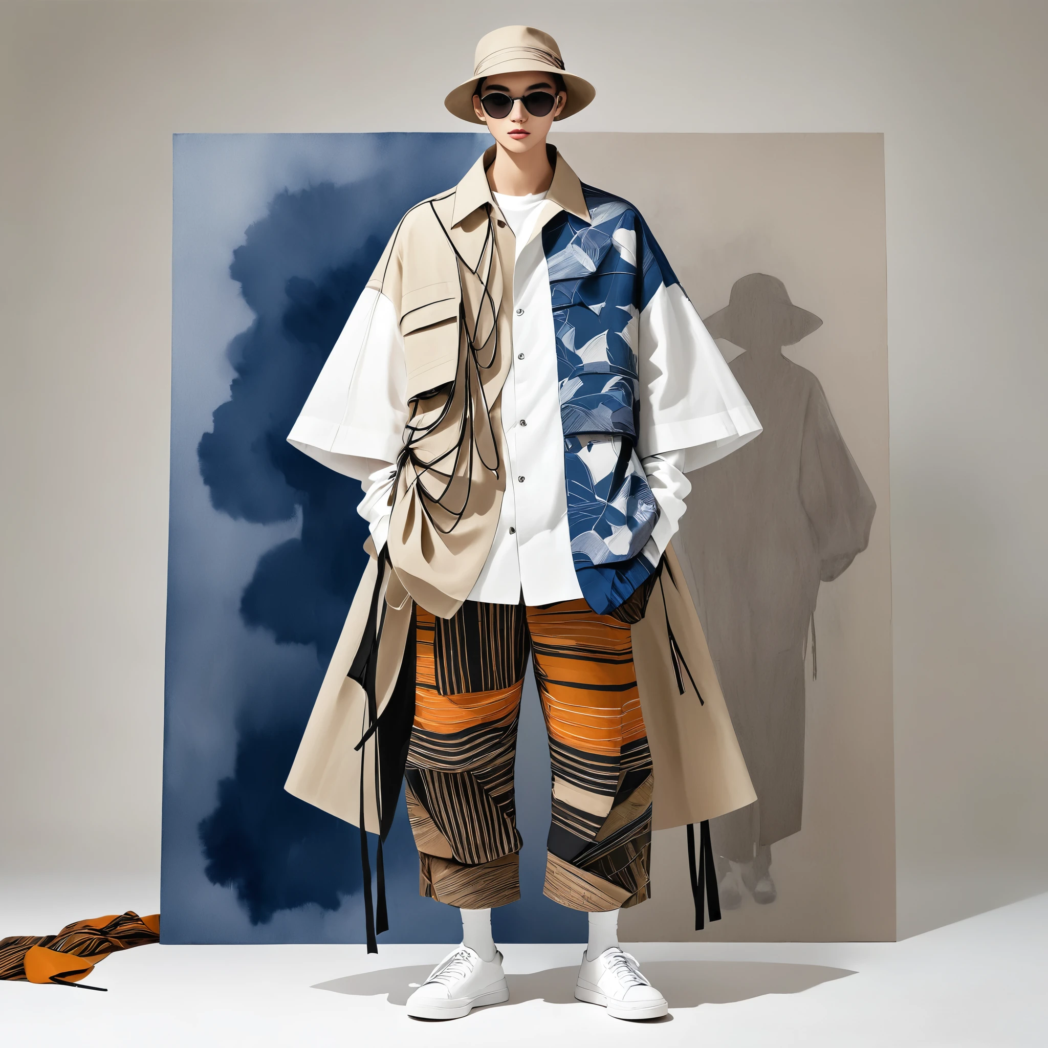 candid fashion illustration a group of young 2man and 1girl, aged 18-23 year old, tall and slender, Mixed race super model, ((showcase in fashionable linen outfits inspired by designer Yohji Yamamoto)), in elegant and Avant-garde Fashion style of ((hand-woven fabric, ethnic style)). mixed of Earth tone, black, copper, gold, quicksilver, and indigo tone. The 1st man wears an oversized shirt with ethnic details, paired with slim-fit Pants. The second man complements him in a short-sleeved bowling shirt and oversized Jacket with collage fabric details, paired with big Drawstring pants. The woman wears a Ankle-length skirt, in cotton woven fabric. (all completes the look with white sneakers, hat, (Round sunglasses, braid hair). Captured in a ((full-body image)), relax and simple pose, ((water-color paint on white paper background)), realistic pencil lines, imperfect drawing, charcoal lines detail, fading sketch, fashion Sketching, low angle view, (full body image), by Yohji Yamamoto hybrid with Rick Ovens fashion designer, inspire by an exploration of nature, vibrant spectrum of colors,