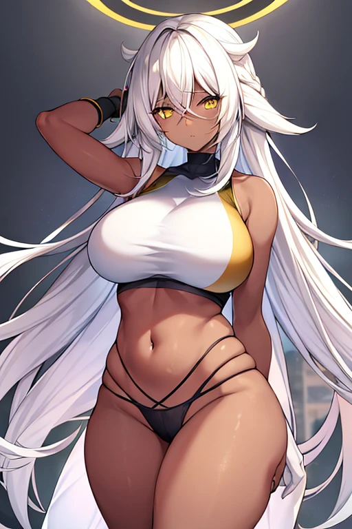 1girl, dark skin, dark-skinned female, white hair, long hair, yellow eyes, large breasts, wide hips, thick thighs, sportswear, shy, sports bra, hourglass figure, mature female, highleg, ((highleg)), bare legs, yellow trim, hair over eyes, long bangs, ((hair over eyes)), ((long bangs)), gold trim, timid, text, number, numbers,