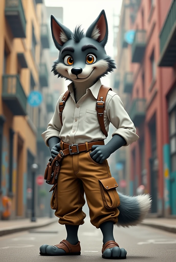      A cartoon wolf with a human body, wearing a formal shirt, with cargo pants