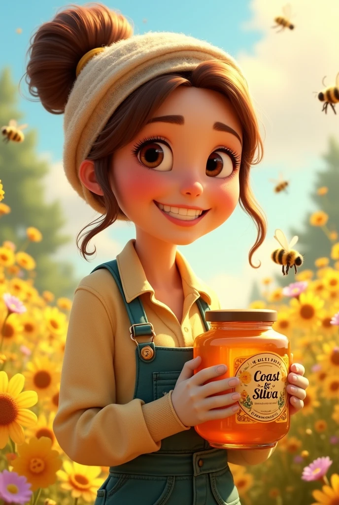 Create a 3d Disney Pixar style character for me , of a woman collecting honey from bees ,in apiary clothing with honey favor in hand written coast & Silva with medium brown hair and brown eyes 