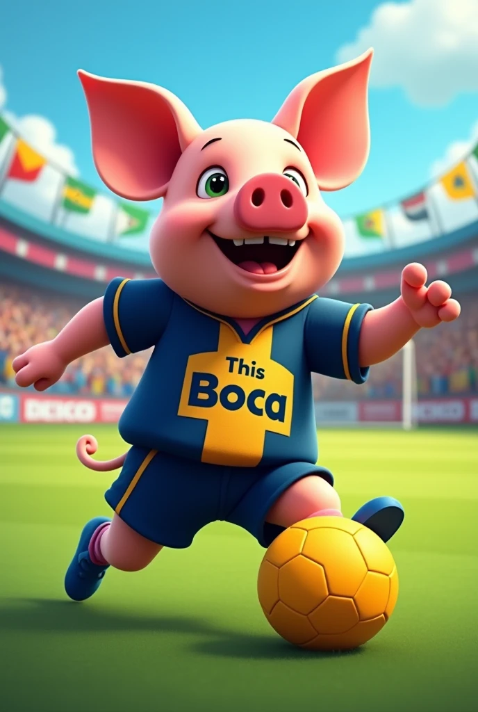 Pig kicking a soccer ball, dark blue and gold shirt, dark blue shorts and in the center of the shirt it says: this is boca