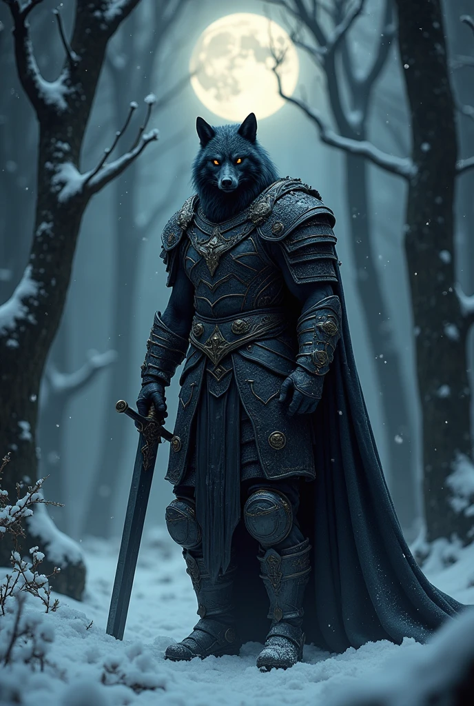 muscular warrior with wolf head, black armor with sword in hand in a forest with trees, Snow falls and the full moon is seen ready to fight, photorealistic, Best Quality, high resolution