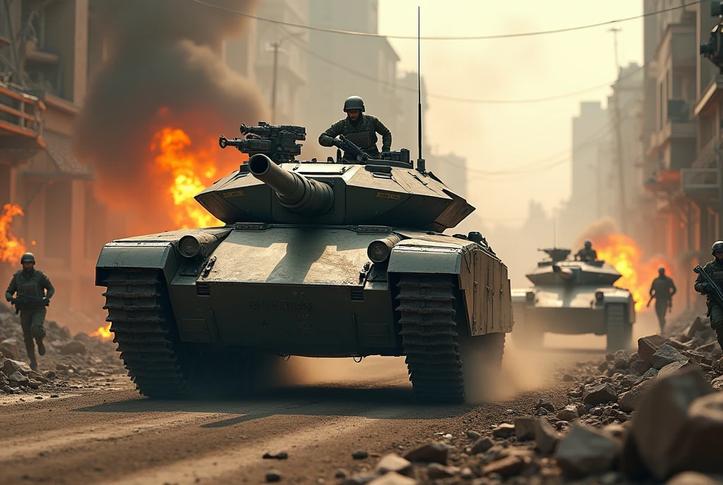 Enemy tank units invading the city, futuristic armored tanks with curved surfaces, accompanying infantrymen running around, detailed military vehicles, realistic military uniforms and equipment, dynamic military action scenes, flames burning in the rear, dust and flying debris, cinematic lighting, grim and stagnant atmosphere, horrific battlefield reality close-up of an armored fighting vehicle, conveying the reality of a horrific battlefield,