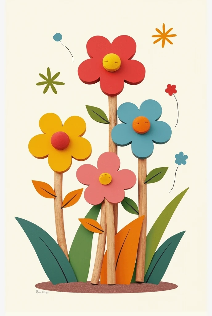 (sketch) wood toy, 5 , flowers, didactic, dynamic, useful, minimalist, understandable, creative, innovative, pretty, colorful