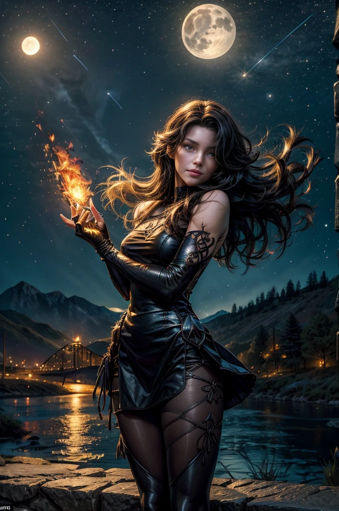 (masterpiece, best quality:1.2), cowboy shot, solo, 1girl, cinder fall, looking at viewer, long hair,black dress, elbow gloves, pantyhose, holding flames, near gothic church, on hillside, mountains in distance, waterfall, crowd, night, stars, moon (volumetric lighting), sharp focus, hyper detailed 