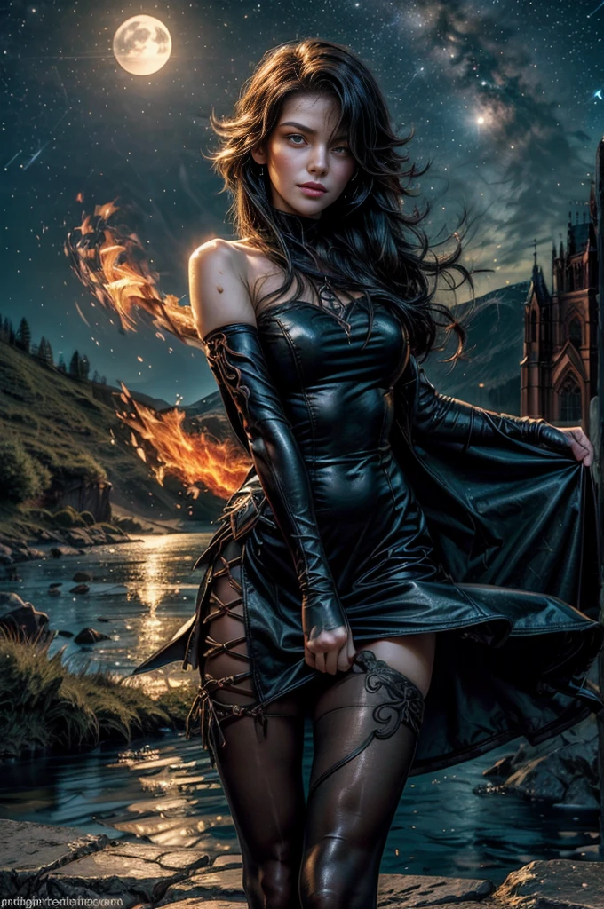 (masterpiece, best quality:1.2), cowboy shot, solo, 1girl, cinder fall, looking at viewer, long hair,black dress, elbow gloves, pantyhose, holding flames, near gothic church, on hillside, mountains in distance, waterfall, crowd, night, stars, moon (volumetric lighting), sharp focus, hyper detailed