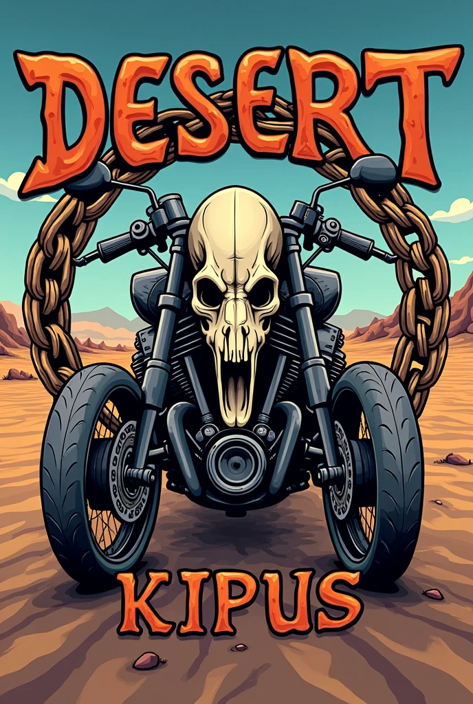 Create a logo for motorcyclists that says the phrase "Desert Kipus" This logo should have a V-twin engine with an Inca skull and motorcycle chains around it