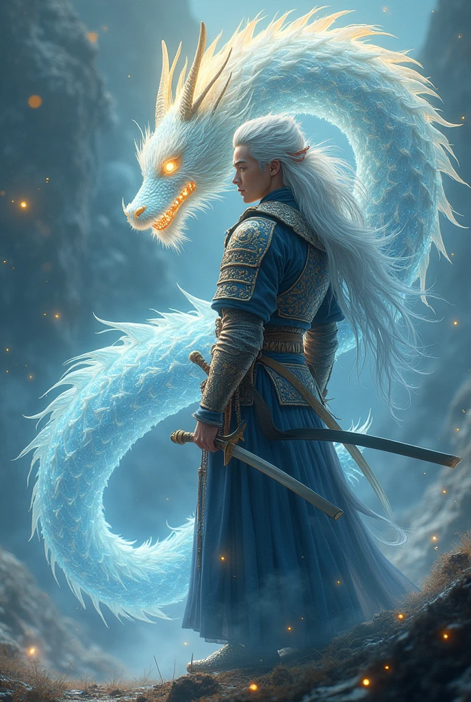 "A samurai man with long, flowing hair, wearing elegant and ornate armor. A translucent dragon spirit, with glittering scales, meanders around him, blending harmoniously with his movements. The dragon spirit emits a mystical and warm glow, illuminating the scene. The background is a misty landscape with bursts of light, showcasing the connection between man and the dragon spirit. Anime style.