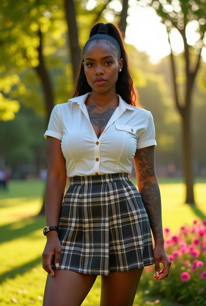 A tall, curvy Black woman with large breasts, she's Chinese, tattooed, dressed in a schoolgirl outfit, and the background is a park. 