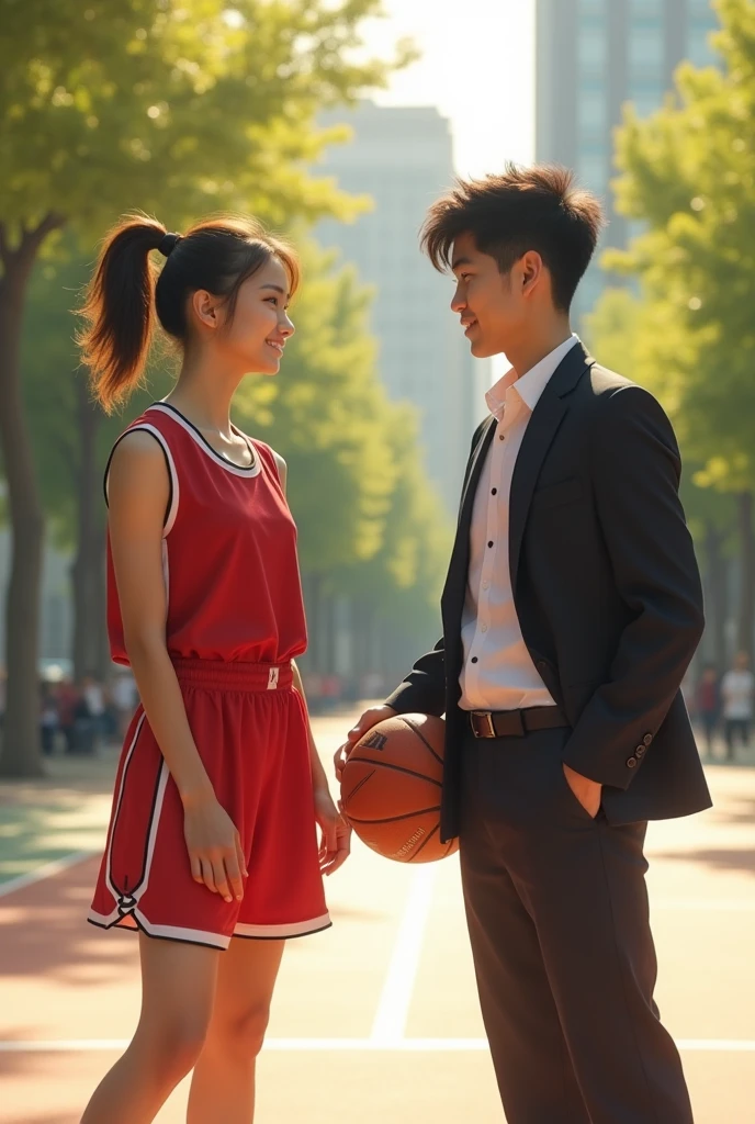 A 23-year-old Japanese woman with her hair tied up, wearing a red basketball uniform, holding a basketball, with a 21-year-old Japanese man with short black hair, wearing a school uniform.