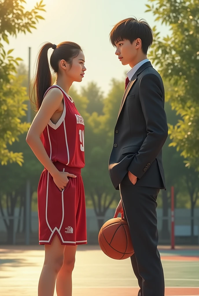 A 23-year-old Japanese woman with her hair tied up, wearing a red basketball uniform, holding a basketball, with a 21-year-old Japanese man with short black hair, wearing a school uniform.