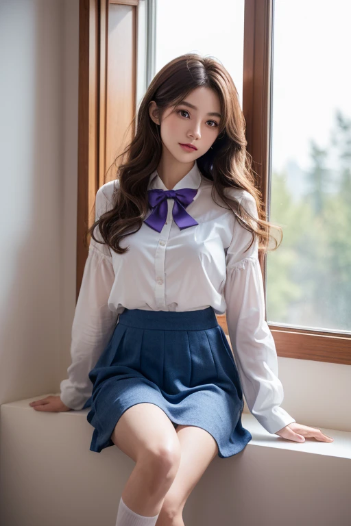 (indoor), (window), (masterpiece), (最high quality), (Very detailedな), (The best shadow), (photoactual:1.4),, White ankle socks, high quality, masterpiece, Very detailedな, High resolution, 4K, 超High resolution, Detailed shadows, surreal, dramatic lighting, a girl, alone, Detailed face, actual eyes, actual Skin, Dynamic hair, dynamic poses, Dynamic angle, Purple lace underwear, White background, URZAN-6500-v1.1, (original photo:1.2), ( actual:1.4), Beautiful and meticulous girl, Very detailed eyes and face, attention to detail, Ridiculous, incredibly Ridiculous, File size is large, Very detailedな, High resolution, Very detailed, 最high quality, (Bright interior), (Soft Light), (low contrast), (Shallow depth of field), (Portrait of a beautiful woman illuminated by soft light), (Depicted with extreme delicacy and elegance), (Short Liuhai), (Hair color is dark chestnut with a bit of brown), (Hair with fine, soft waves), (Decorated with thin ribbons), ( white shirt with ruffles), (bowtie), (Blue long skirt), (White socks), shape, Very detailed, CG, Unite, 8k wallpaper, wonderful, finer details, 最high quality, Very detailed CG Unite 8k wallpaper, Face light, theater lighting,