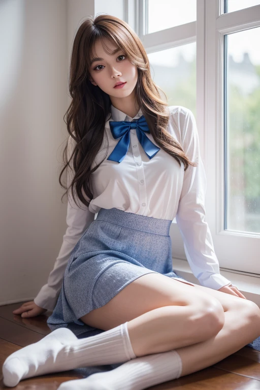 (indoor), (window), (masterpiece), (最high quality), (Very detailedな), (The best shadow), (photoactual:1.4),, White ankle socks, high quality, masterpiece, Very detailedな, High resolution, 4K, 超High resolution, Detailed shadows, surreal, dramatic lighting, a girl, alone, Detailed face, actual eyes, actual Skin, Dynamic hair, dynamic poses, Dynamic angle, Purple lace underwear, White background, URZAN-6500-v1.1, (original photo:1.2), ( actual:1.4), Beautiful and meticulous girl, Very detailed eyes and face, attention to detail, Ridiculous, incredibly Ridiculous, File size is large, Very detailedな, High resolution, Very detailed, 最high quality, (Bright interior), (Soft Light), (low contrast), (Shallow depth of field), (Portrait of a beautiful woman illuminated by soft light), (Depicted with extreme delicacy and elegance), (Short Liuhai), (Hair color is dark chestnut with a bit of brown), (Hair with fine, soft waves), (Decorated with thin ribbons), ( white shirt with ruffles), (bowtie), (Blue long skirt), (White socks), shape, Very detailed, CG, Unite, 8k wallpaper, wonderful, finer details, 最high quality, Very detailed CG Unite 8k wallpaper, Face light, theater lighting,