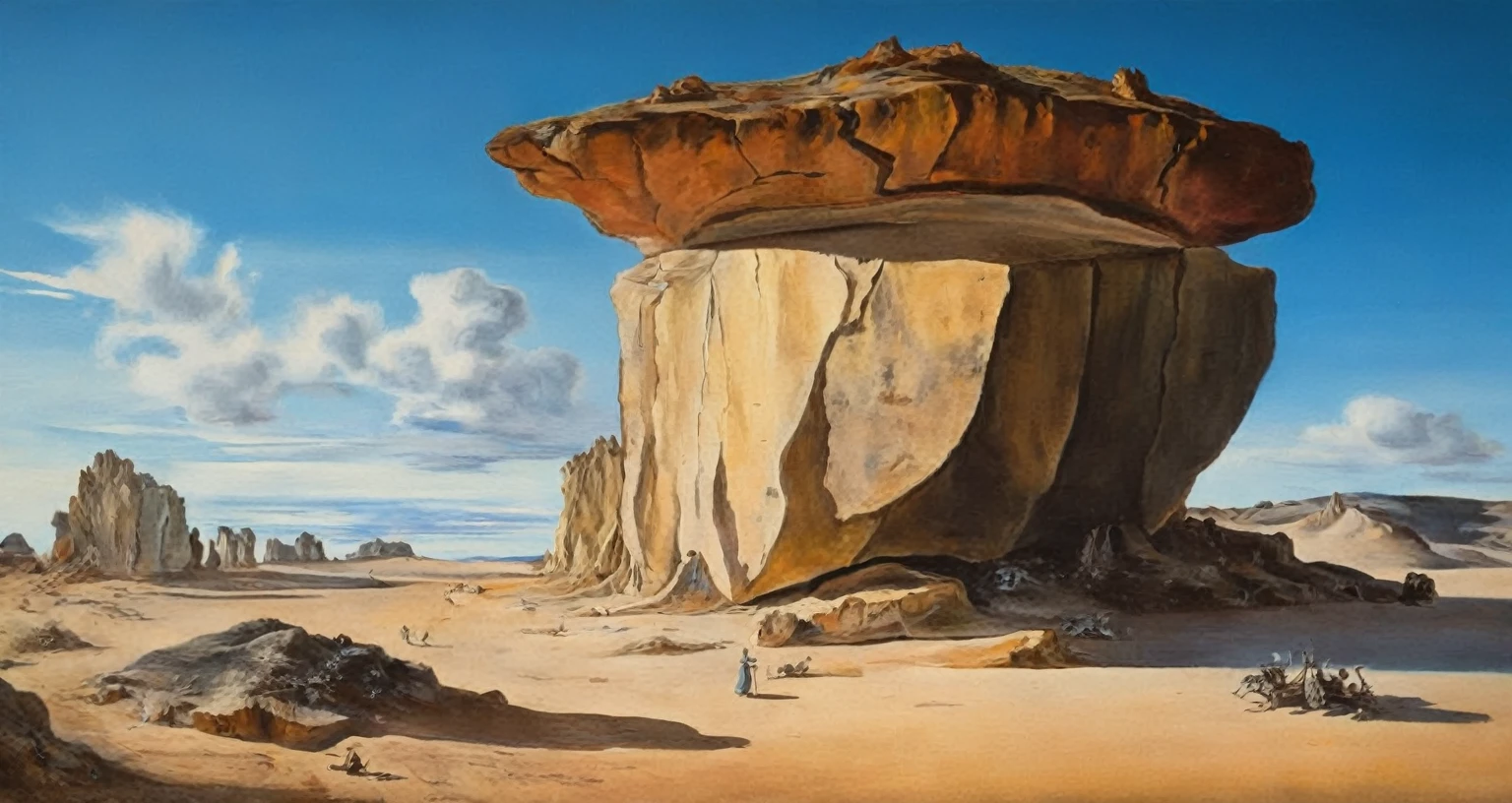 Flow of time by Salvador Dali,Magic,(style of Jean-Antoine Watteau):0.1.    The image depicts a surreal.    This is a landscape painting of a desert landscape, featuring a large rock formation in the foreground with smaller formations in the background under a blue sky, with a hint of a sunset. painting of  calm water in front of a rock formations. The sky is cloudy. Tiny people figures that appear robotic or distorted