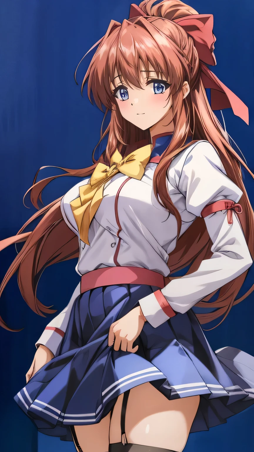 Anime illustration Aoikan, 1 person, Hair Ribbon, school uniform, Long sleeve, bow tie, Blue Skirt,Big Breasts、 blush, Cute Smile Open your mouth, Are standing,She lifts her skirt with her hands., I can see her panties Skirt Lift, Two Arms garter belt