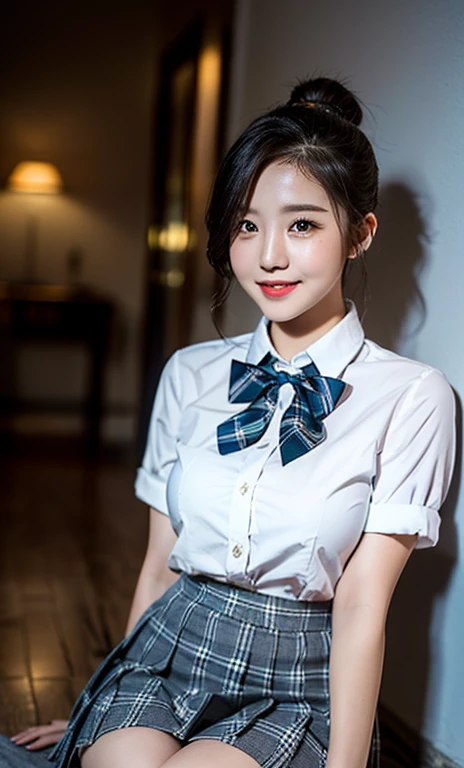 (a cute girl wearing a university student uniform, fishnet tights, loafers, buttoned white shirt, pleated gray tartan check pattern skirt, bowties, sitting on the floor, laid-back, with legs crossed, arms behind her back, in a dark bedroom,

kind smile, beautiful detailed eyes, long eyelashes, beautiful detailed lips, dimpled cheeks, ample bosom, huge breasts, ponytail, bob hair, short straight hair, 

Romantic vibes, professional lighting, spotlight, masterpiece, photo-realistic, ultra-detailed, 8k, high resolution, vivid colors, bokeh night background, SFW, high camera angle, cowboy_shot.)