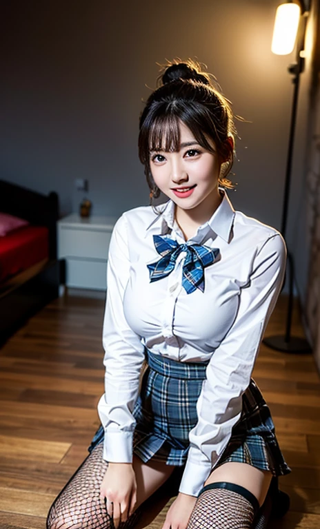 (a cute girl wearing a university student uniform, fishnet tights, loafers, buttoned white shirt, pleated gray tartan check pattern skirt, bowties, sitting on the floor, laid-back, with legs crossed, arms behind her back, in a dark bedroom,
kind smile, beautiful detailed eyes, long eyelashes, beautiful detailed lips, dimpled cheeks, ample bosom, huge breasts, ponytail, bob hair, short straight hair,
Romantic vibes, professional lighting, spotlight, masterpiece, photo-realistic, ultra-detailed, 8k, high resolution, vivid colors, bokeh night background, SFW, high camera angle, cowboy_shot.)