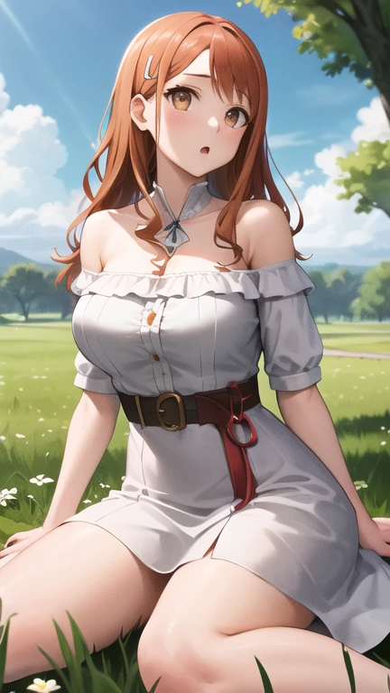 masterpiece, best quality, highres, 1girl, anjou naruko, hairclip, large breasts, white dress, off shoulder, belt, long hair, hair_down, :o, wariza, grass,