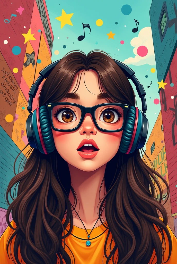 Create a book cover with a age girl with long dark brown hair, wearing square black glasses, with dark brown eyes shining with headphones and a few pimples on his face