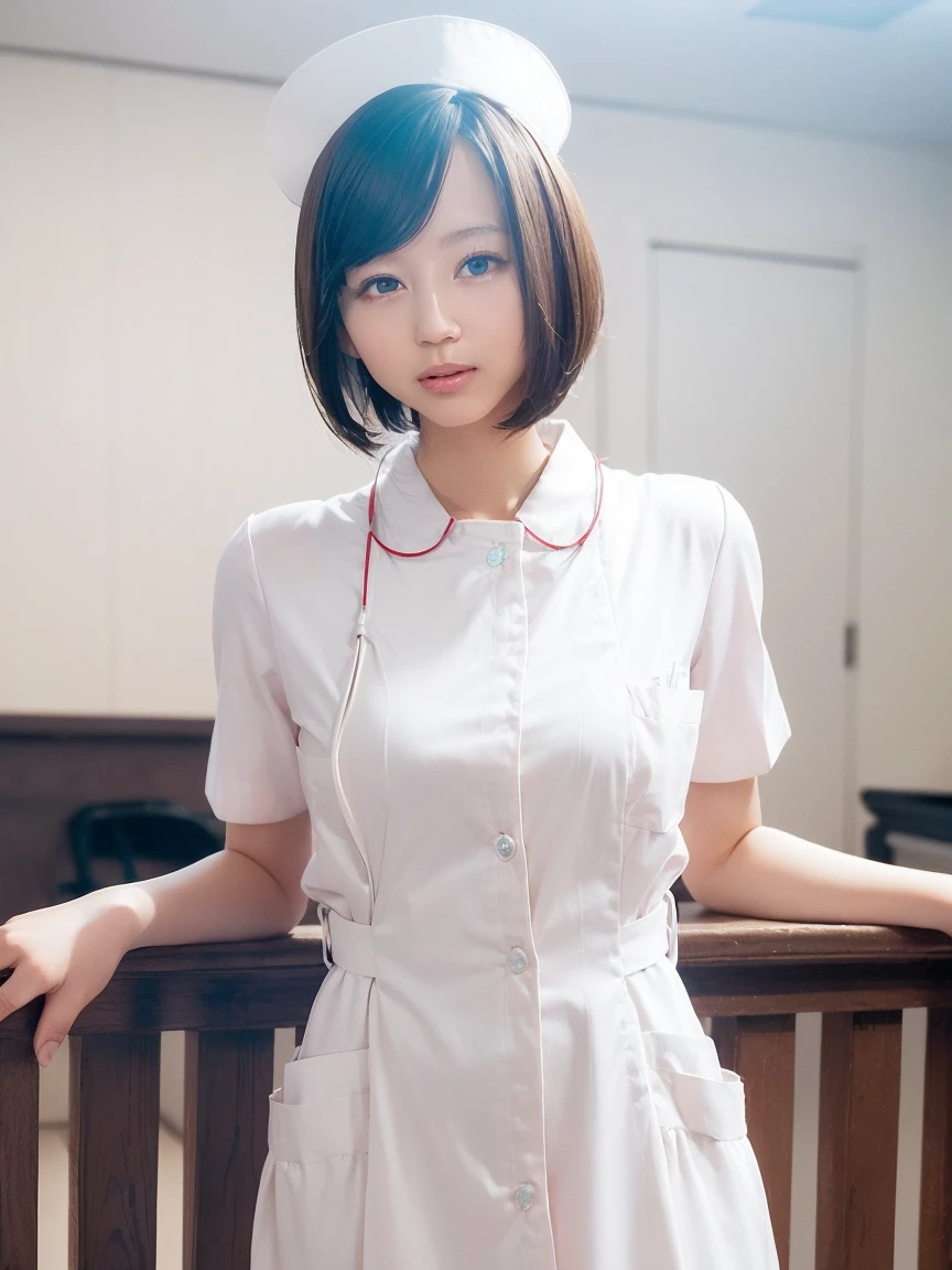 woman, alone, (Wearing white nurse clothes:1.2), (Bobcut), Shortcuts,bangs, Black Hair, nurse, Perfect Anatomy, nurse uniform, (Nurse cap), (White costume), Long skirt, hospital, Face close-up, 