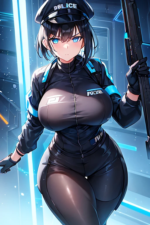 1girl, black hair, short hair, ponytail, long ponytail, blue eyes, large , toned, hourglass figure, serious, blue jacket, bodysuit, black bodysuit, policewoman, police hat, police, neon, neon trim, futuristic, science-fiction, machinery, tech, full_body, ((full body)), standing, high heels