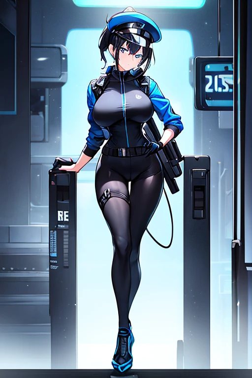 1girl, black hair, short hair, ponytail, long ponytail, blue eyes, large breasts, toned, hourglass figure, serious, blue jacket, bodysuit, black bodysuit, policewoman, police hat, police, neon, neon trim, futuristic, science-fiction, machinery, tech, full_body, ((full body)), standing, high heels