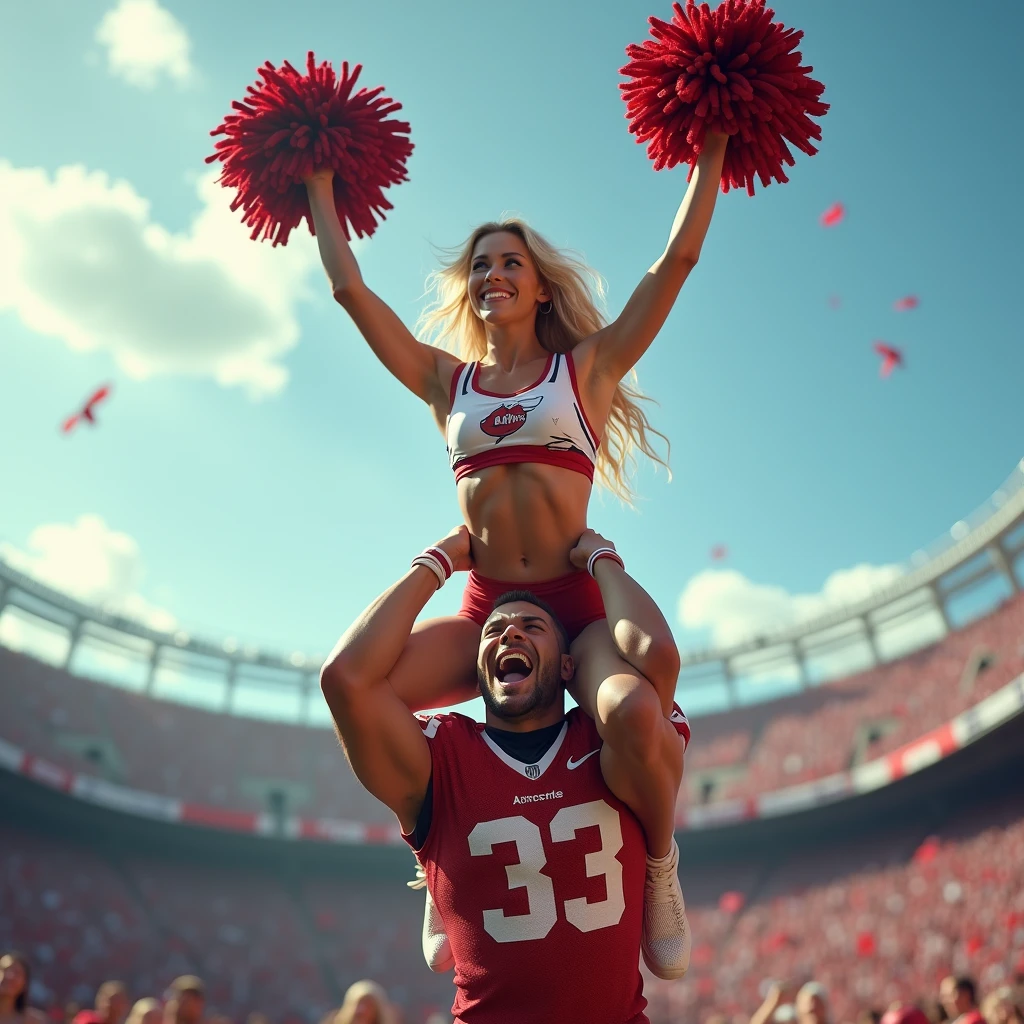 Blonde, Beautiful, and strong cheerleader lifting a large male football player high above her head with her strong arms. Photorealistic. View from a distance. Wide angle.