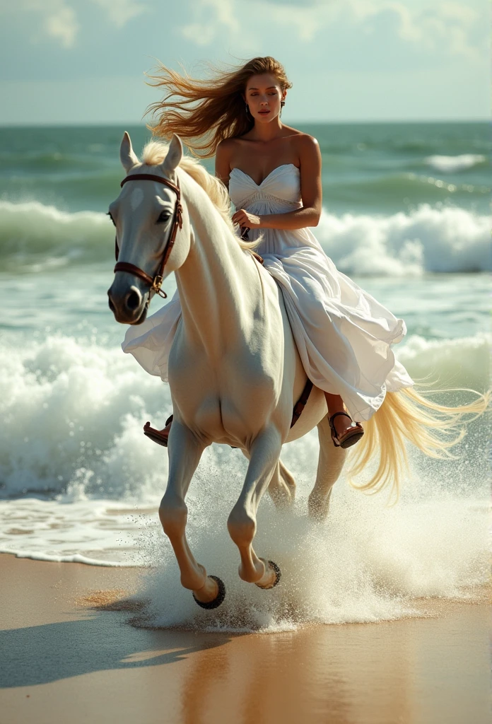 A woman rides a horse along the shore along the ocean. Waves are raging in the ocean. The woman is wearing a white casual summer dress, the sleeve falls over her shoulder, the shoulders are open. A woman's long hair is dynamically developing in the wind. The horse is racing fast. Sandy beach. Masterpiece, Detailed Textures, High detail, 8K, Cinematic, Award-winning works, Digital Painting, Conceptual Art, Photorealistic, Detailed eyes. 16 KB resolution, Nikon Z9, Digital photography, ultratextured skin, Realistic photography, Cinematic effect, soft light, soft shadows, high-quality surround lighting