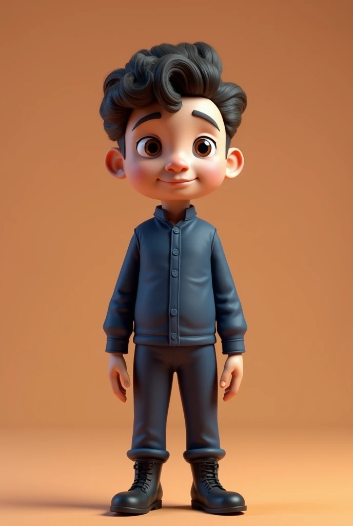 Create a very thin 3d mascot with an adult face without any beard, male, light brown, thin, with a very thin face and a thin chin, with brown eyes, wearing a dark blue uniform with dark blue pants, no logo, no details, with black boots , and also with curly hair , 小柄 , Very goosebumps and very bald with a thin nose .