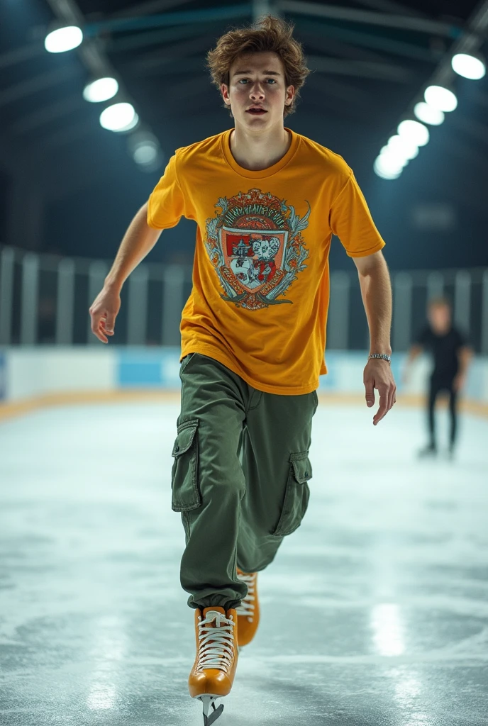 Draw a young adult skater, American man,with golden ice skates,skateboarding clothes,on the skating rink,who is also a doctor and because of ice skating he got a scholarship at Harvard University,brown hair and green eyes.