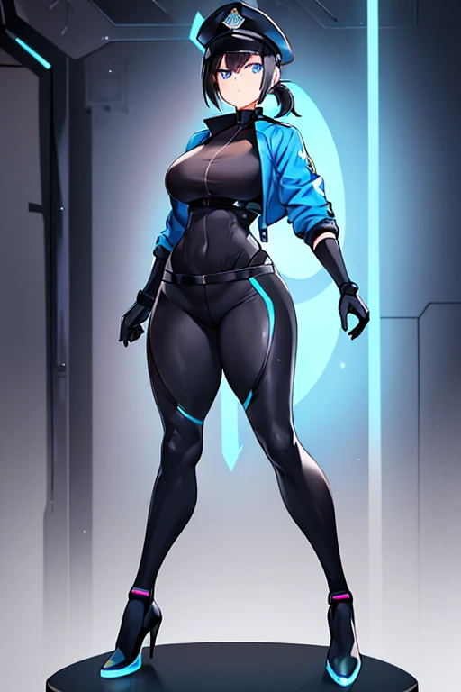 1girl, black hair, short hair, ponytail, long ponytail, blue eyes, large breasts, toned, hourglass figure, serious, blue jacket, bodysuit, black bodysuit, policewoman, police hat, police, neon, neon trim, futuristic, science-fiction, machinery, tech, full_body, ((full body)), standing, high heels