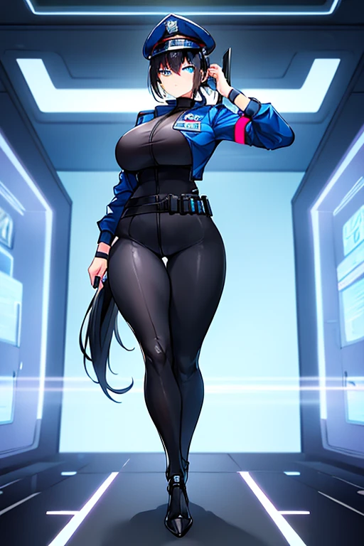 1girl, black hair, short hair, ponytail, long ponytail, blue eyes, large breasts, toned, hourglass figure, serious, blue jacket, bodysuit, black bodysuit, policewoman, police hat, police, neon, neon trim, futuristic, science-fiction, machinery, tech, full_body, ((full body)), standing, high heels
