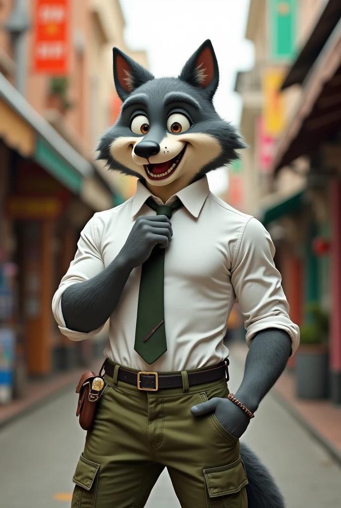 A cartoon wolf with a human body, wearing a formal shirt, with cargo pants
