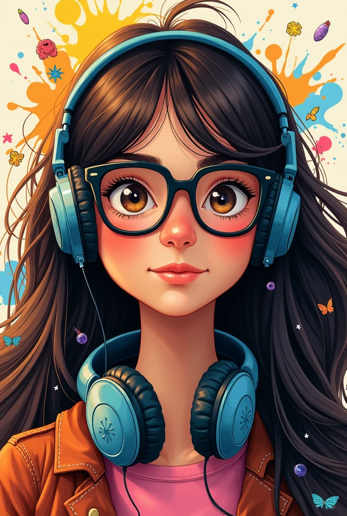 Create a book cover with a teenage girl with long dark brown hair, wearing square black glasses, with dark brown eyes shining with headphones and a few pimples on his face