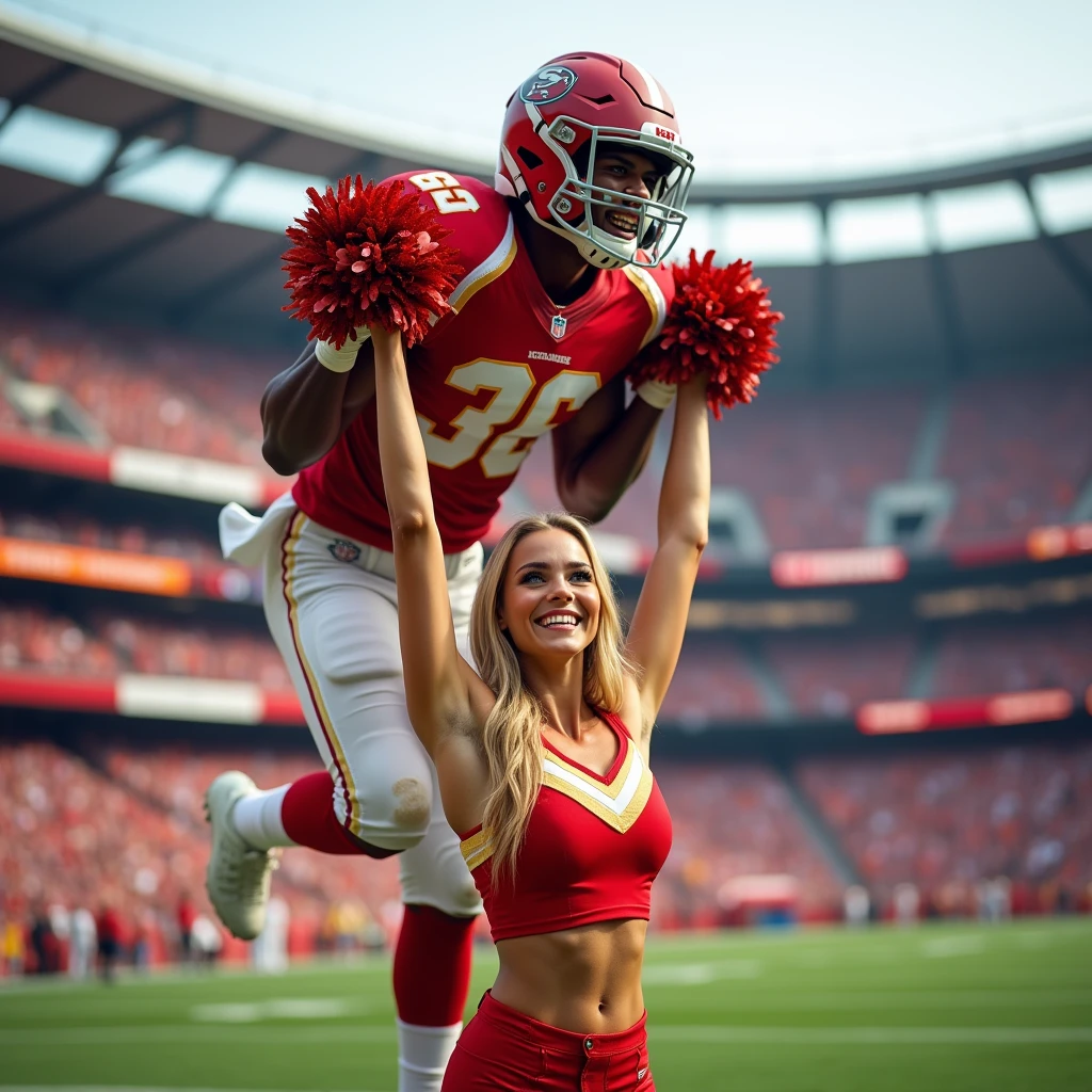 Blonde, Beautiful, and strong cheerleader lifting a large male football player high above her head with her strong arms. Photorealistic. View from a distance. Wide angle.