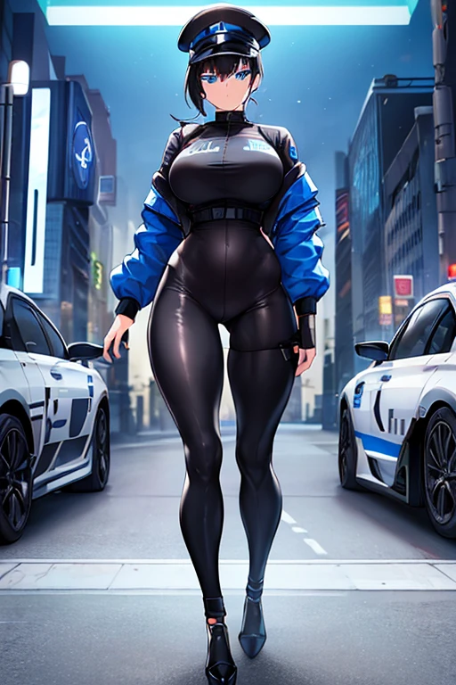 1girl, black hair, short hair, ponytail, long ponytail, blue eyes, large breasts, toned, hourglass figure, serious, blue jacket, bodysuit, black bodysuit, policewoman, police hat, police, neon, neon trim, futuristic, science-fiction, machinery, tech, full_body, ((full body)), standing, high heels