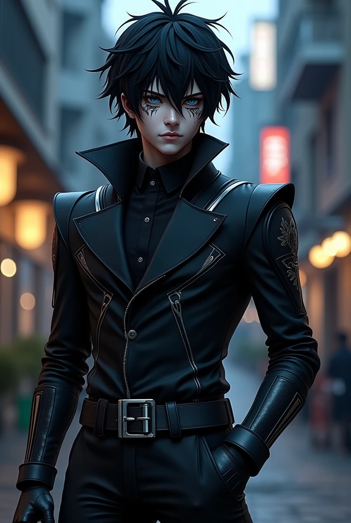 Character: Kaito no Yami
Appearance:

Facial Features: Kaito has a sculpted and attractive face, with a mix of features reminiscent of Gojo's elegance, Choso's intensity, and Megumi's serenity. His eyes are a deep, almost hypnotic shade of gray, and they have a penetrating gaze that seems to see beyond the superficial. The black markings on his face are stylized, similar to Choso's, drawing elegant lines that extend from his cheekbones towards his jaw, adding an air of mystery to his already impressive appearance.
Hair: His hair is dark as night, styled in a messy but deliberately attractive style. The strands fall casually over her forehead, framing her face in a way that accentuates her eyes and black markings. The length of the hair is medium, with a volume that gives it a rebellious but sophisticated touch.
Skin: Her skin is a pale white tone, almost like porcelain, which contrasts strongly with the black markings and her dark hair, highlighting her ethereal and seductive appearance.
Outfit:

Kaito wears a modern combat suit that combines style and functionality. He wears a tight-fitting deep black jacket, made of a strong but light material that adapts to his movements. The jacket has dark gray details and silver piping that add a stylish touch. The high collar of the jacket gives it an imposing look, and the sleeves are decorated with light patterns reminiscent of the markings on his face.
Under the jacket, he wears a dark gray long-sleeved t-shirt, which complements the outfit without taking away from it. His pants are tight-fitting, also in black, with strategically placed pockets for tools and weapons, maintaining a clean and attractive aesthetic.
He completes his outfit with black combat boots that reach mid-calf, with silver buckles that add a sophisticated touch. In addition, he wears black gloves that allow him a better grip in combat, always maintaining an air of elegance even in battle.
