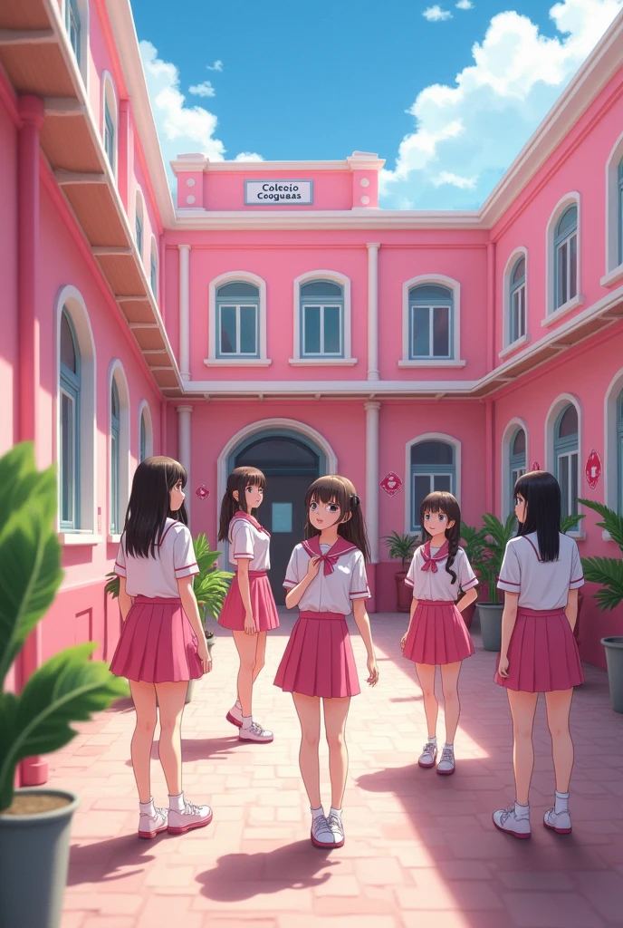 (photorealism:1.2) Many beautiful sexy school girls, wearing my pink small micro and pink school girls costumes, waking, standing and sitting around in a pink girls' school inside yard, pink and white classic or modern school building with pink benches, clean in good shape, the sign "Colegio Coquetas" and the signs of many kisses 💋 on the walls, not childish drawings on the walls, realistic, intricate details