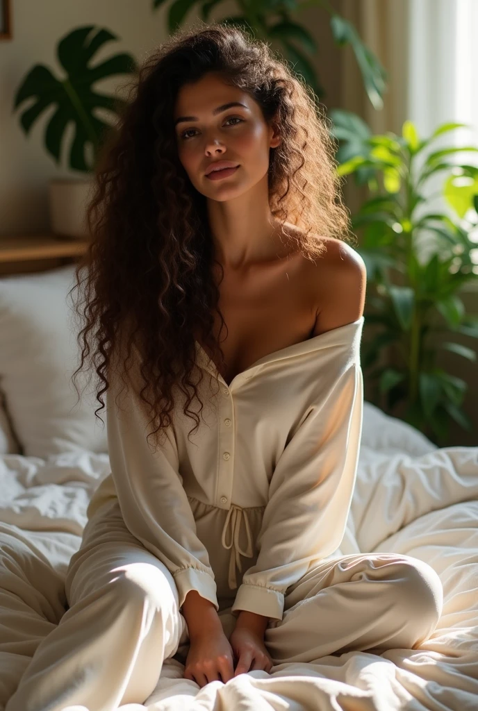 (photorealism:1.2), beautiful woman, sitting on bed, wearing loose off-shoulder top, pajama pants, long curly hair, indoors, soft lighting, plants in background, window with sunlight, cozy room, relaxed pose, realistic, intricate details, warm color, naked